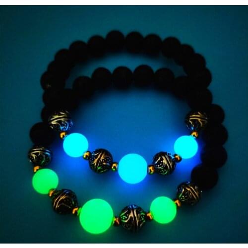 2019 Fashion Natural Lava Stone Elastic Beads Bracelet Bangle Charm Luminous Stone Bangle Jewelry Women Men Halloween Present