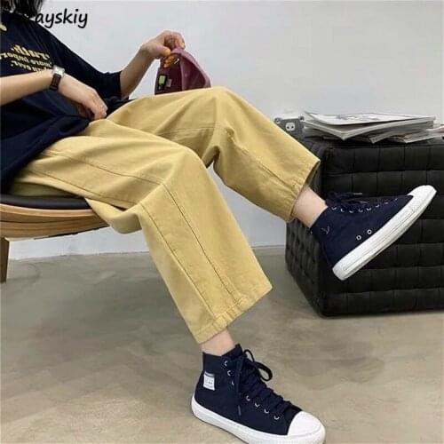 Pants Women Ankle-length Trousers High Waist Elastic All-match Trousers Harajuku Teens College Students Solid Khaki 3XL Straight