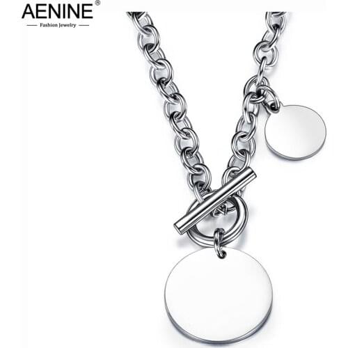 AENINE Hiphop/Rock Titanium Stainless Steel Glossy Round Tag Charm Pendant Necklaces Jewelry Punk Chain Link OT Buckle AN17085