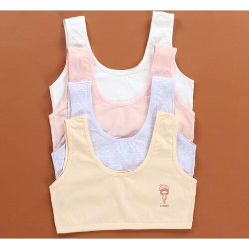 Kids Puberty Girl Single Layer Cotton Training Bra Solid Color Wide Strap Underwear Cartoon Figures Print Bralette 8-16T 5 Color