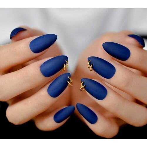 Designed Almond Nails Deep Blue Medium Nail Gold Ring Decoration Nails Pre-designed Perforate Matte Tips