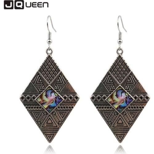 Euro-American New Hot Sell Fashion Retro Exaggerated Rhombic Earrings Alloy Inlaid Shell Triangle Earrings
