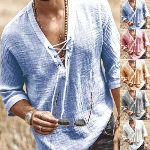 Hot Sale Summer Casual Retro V-Neck Mid-Sleeve T Shirt Men Basic T-shirt Male High Quality Classical Tops Open Stitch Loose Tee