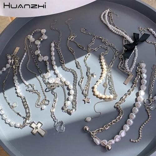 HUANZHI 2021 New Vintage Pearls Choker Butterfly Cross Love Hollow Flower Rhinestone Double Layer Metal Necklace for Women