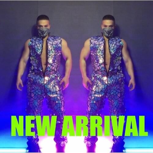 Customized Sexy Sleeveless Bar Club Rave Party Silver Mirror Costume Set Dj Dance Outfit Men Dancer Team Nightclub Clothing