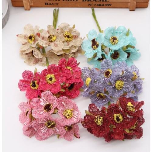 6pcs/lot 4cm Artificial Flower Hemp Sakura Flower Bouquet Wedding House Decorative DIY Wreath Scrapbook Gift Box Hand Flower