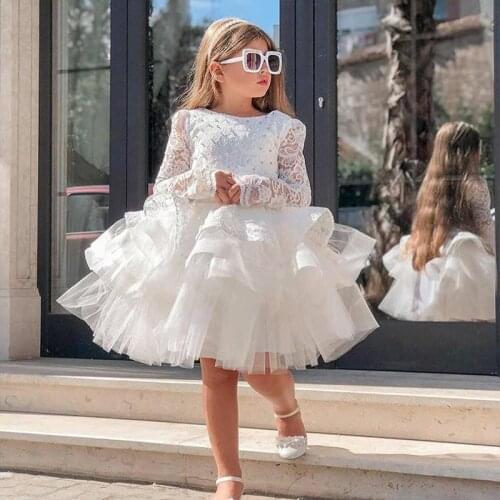 Hot Selling Lovely Flower Girls' Dresses for Wedding Party Long Sleeves Lace Tiered Tulle Pageant Gowns Bow Formal Vestidos