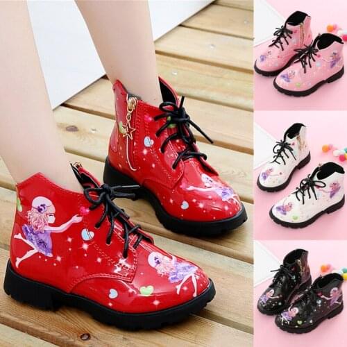Cute girl martin boots lovely cartoon girl print patent boots shoes for 3-13years girl kids causal princess boots shoes