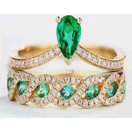 Fashion Two-piece Green Crystal Crown Ring Wedding Engagement Rings Set for Women Classic Jewelry Accessories