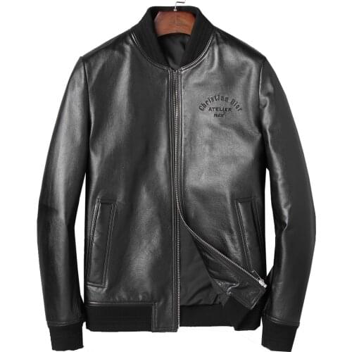 Natural Sheep Skin Leather Jacket Pattern Men Casual Outwear Autumn Genuine Black Real Men Leather Fashion Jacket 4XL