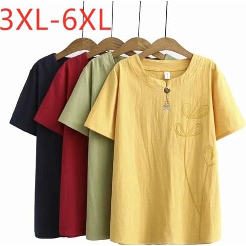 New 2021 Ladies Summer Plus Size Tops For Women Large Short Sleeve Loose Cotton Yellow Embroidery T-shirt 3XL 4XL 5XL 6XL