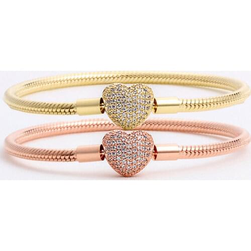 Original Rose & Gold Moments Heart Clasp With Crystal Bracelet Bangle Fit 925 Sterling Silver Bead Charm DIY Fine Jewelry