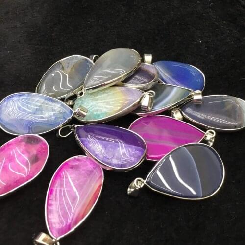 Natural Agate Pendant Drop Color Necklace With Silver Trim