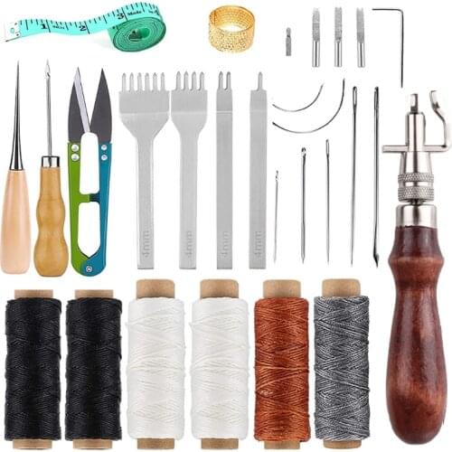 1 Set Professional Leather Craft Tools Kit with Wax Thread Needle Hand Sewing Repair Stitching Punch Carving Work Groover DIY Ac