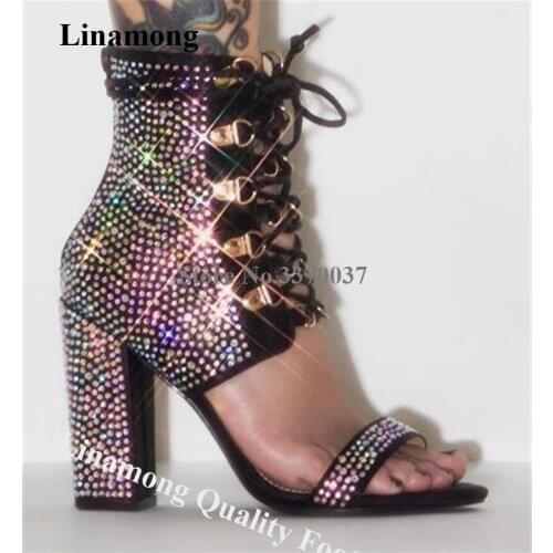 Linamong Bling Bling Rhinestone Chunky Heels Gladiator Sandals Lace-up Ankle Wrap Crystal Thick High Heel Sandals Wedding Heels
