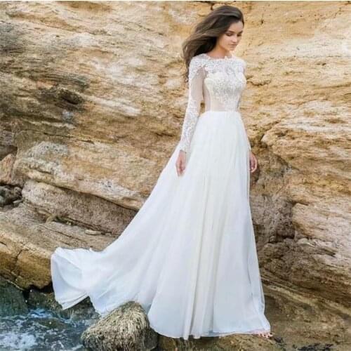 Chiffon Scoop Sexy Long Sleeve Wedding Dress Boho vestido de noiva Bohemian Lace Bridal Dress Button Wedding Gowns