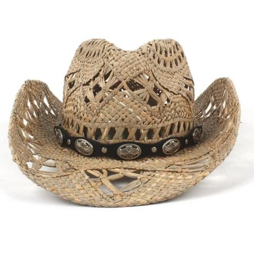 Natural Straw Womem Men Western Cowboy Hat For Lady Gentleman Summer Beach Sun Sombrero Hombre Lifeguard Hats Size 56-58CM