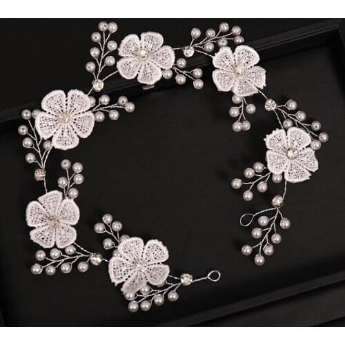 Bridal Jewelry Lace Flower Pearl Braided Hair Band Headdress White Wedding Dress Accessories