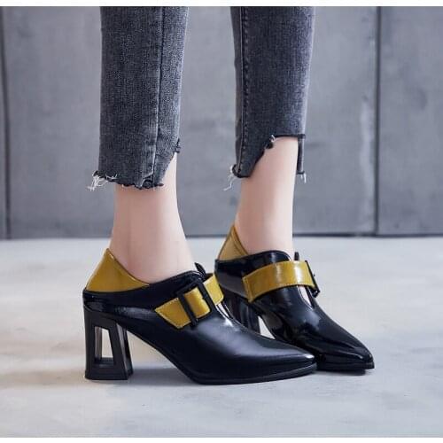 Rimocy Autumn Fashion Mix Color Pointed Toe Pumps Women Patent Leather High Heels Shoes Woman Square Heel Banquet Shoes Female