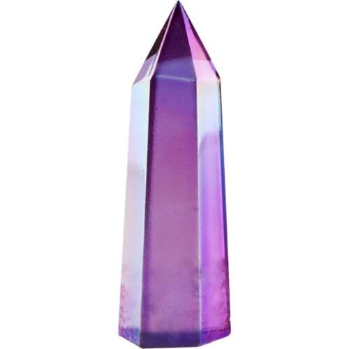TUMBEELLUWA Purple Titanium Coated Crystal Prism Wand Point Healing Reiki Stone Figurine Specimen