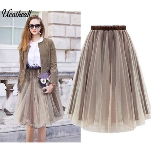 Ucatheall Women Pleated Tulle A Line Skirt Knee Length High Waist Summer Style Mesh Skirts Tulle Female Office Work OL Skirts