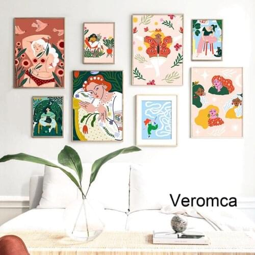 Vintage Abstract Print Watercolor Girl Pigeon Flower Wall Art Canvas Painting Nordic Posters Wall Pictures for Bedroom Decor