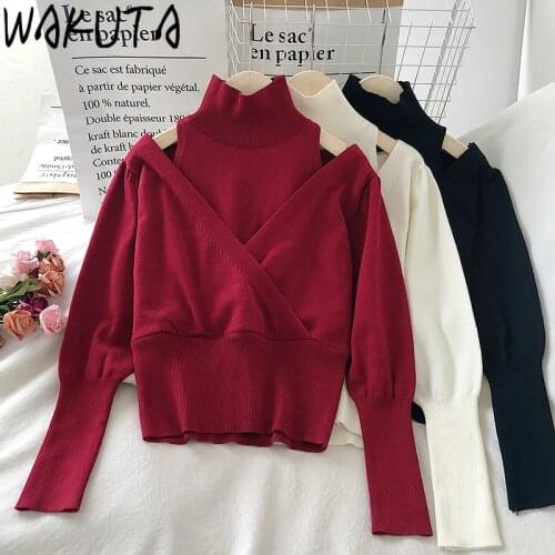 WAKUTA Highneck Hollow Out Sexy Cold Shoulder Short Sweater Women Elegant Slim Solid Color Knit Pullovers Fall Winter 4 Colors