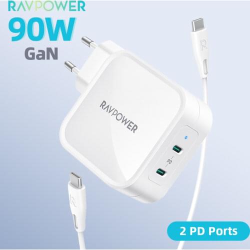 RAVPower USB C Wall Charger PD Pioneer 90W 2-Port Charger Adapter with GaN Tech 3.0 Output Fast Charging Adapter for iPhone 12