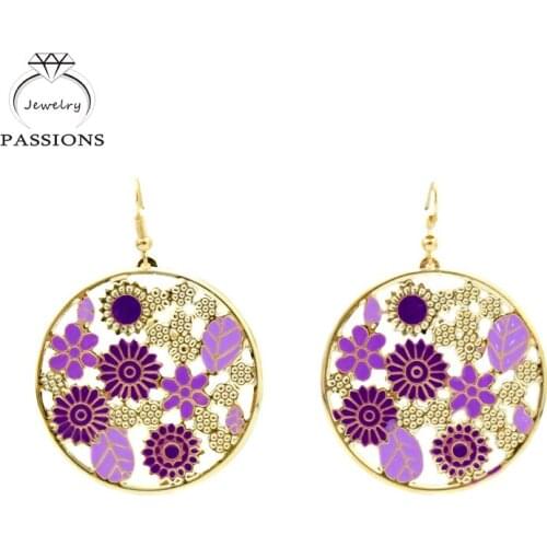 PASSIONS Bohemian Ethnic Jewelry Gold Plate Earrings Maxi Brincos Colorful Retro Hollow Flower Big Drop Earings For Women Gift