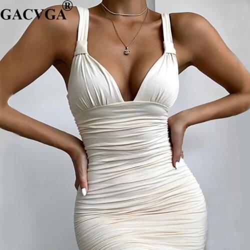 GACVGA Sexy V Neck Ruched Bodycon Midi Dress Women Sleeveless Bandage White Black Elegant Club Party Dresses 2020 Summer Clothes
