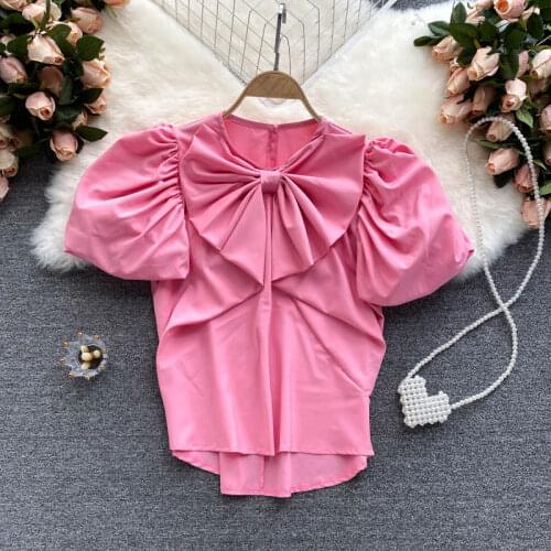 Blusas Feminino Sweet Vintage Bowknot Folds Solid Blouses Tops Womens Summer Puff Short Sleeve Round Neck Asymmetrical Shirts