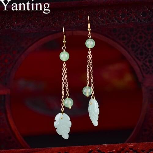 Yanting Long Tassel Earrings Glass Glazed Leaf Pendant Dangle Earrings For Women Ethnic Handmade Summer Earings Gift 0212