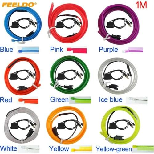 FEELDO 30Set 1M Car Flexible Moulding EL Neon Glow Lighting Rope Strip With Fin 12V USB Power Inverter 9-color Optional #AM5768