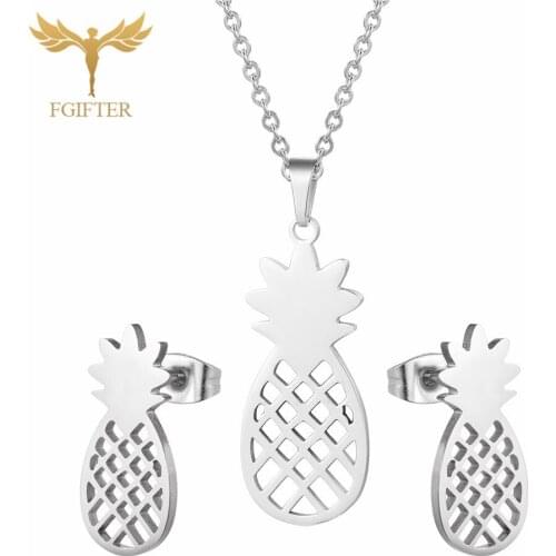 FGifter Hollow Pineapple Necklace Pineapple Earrings Jewelry Sets for Girls Women Silver Color Stainless Steel Set Accessories