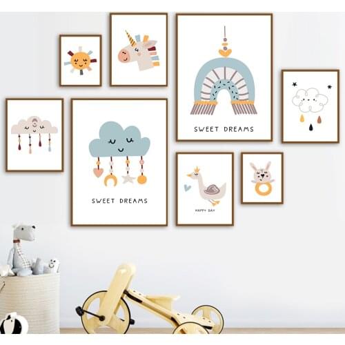 Sun Stars Moon Goose Rabbit Unicorn Wall Art Canvas Painting Nordic Posters And Prints Cartoon Animals Decor Pictures Kids Room