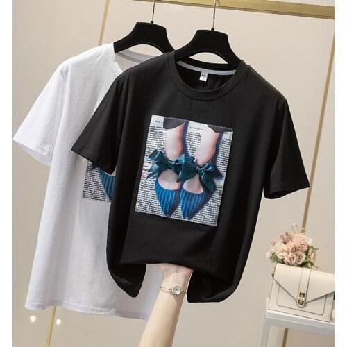 Korea White T shirt Women Clothes O-Neck Summer Short Sleeve Appliques Vintage TShirt Tops Casual Black Tee Shirt Femme