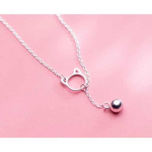 MloveAcc 925 Sterling Silver Cute Hollow Cat Bell Charm Necklaces for Women Ladies Simple Pendant Fashion Trend Choker Neckalce