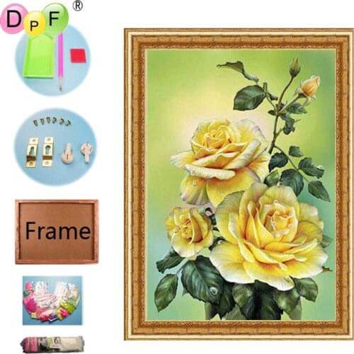DPF 5D Diamond Embroidery Yellow Rose with Frame Diamond Painted Cross Stitch Home Decor Full Circle Diamond Mosaic Kits