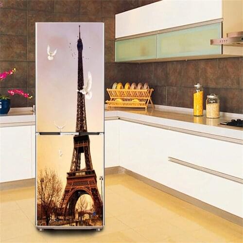 Paris Tower Building 3D Fridge Sticker Door Cover Vinyl Self Adhesive Art Refrigerator Wallpaper Stickers Decals Film Full Mural