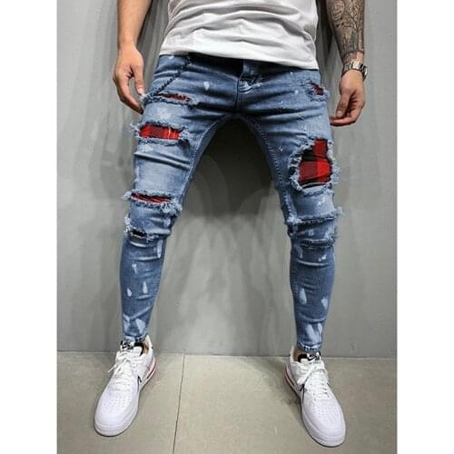 Ripped jeans men Elasticity Slim Fit Skinny denim trousers male fashion Streetwear patchwork mens jeans Hip hop