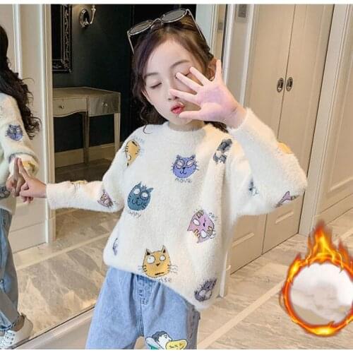 Girl Sweater Kids Outwear Tops 2021 Cartoon Fleece Thicken Warm Winter Autumn Knitting Christmas Gifts Cardigan Children Clothin