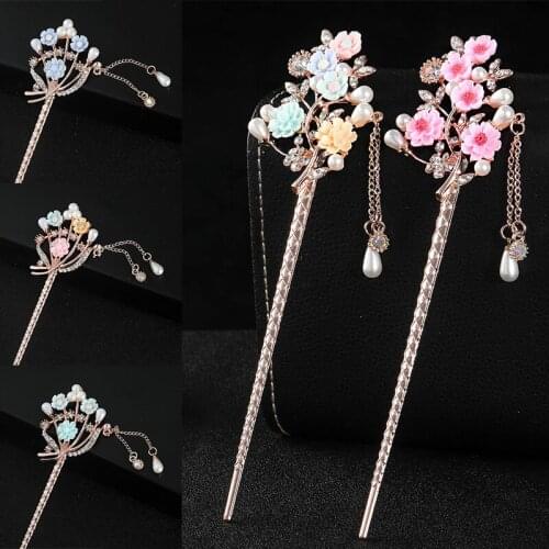 Hinese Style Tassels Metal Hair Sticks Hairpin Pearl Hair Pins Clip Flower Hair Chopsticks Wedding Party Headwear Headpiece