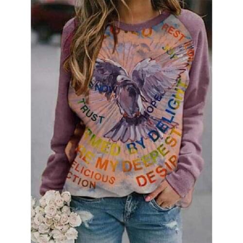 2021 Autumn Peace Dove Casual Hoodies Women O-neck Long Sleeve Loose Sweatshirt Winter Pullover Patchwork Oversize Outwear