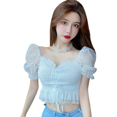 Womens Elegant Blouses Square Collar Summer Short Sleeve Solid Color Sweet Korean Style Shirts