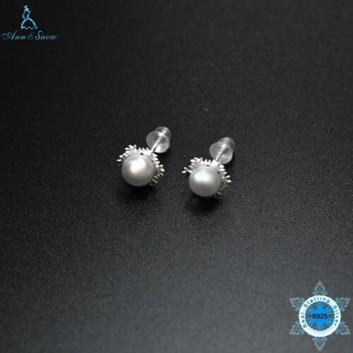 Ann & Snow 925 Sterling Silver Elegant Round Pure Love Pearl Stud Snowy Earrings for Women Fine Jewelry Alibaba Express Brincos
