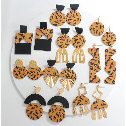 AENSOA Leopard Handmade Geometric Polymer Clay Drop Earrings For Women Fashion Layered Metal Long Dangle Earring Art Jewelry
