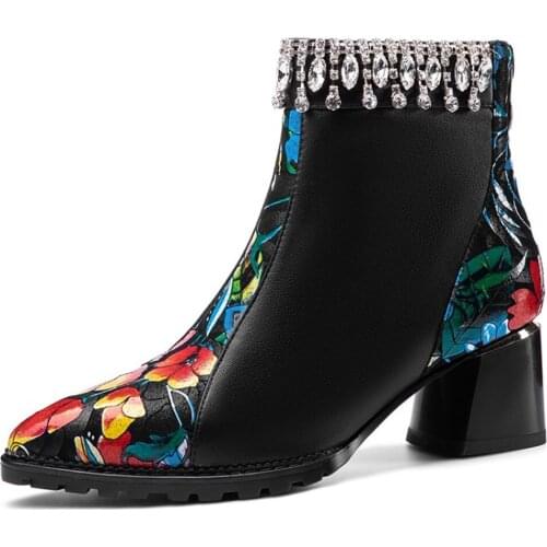 Women Rhinestones Tassels Floral Match Colors Ankle Boots Block Heel Genuine Leather Warm Winter Shoes Plus Size New 2022