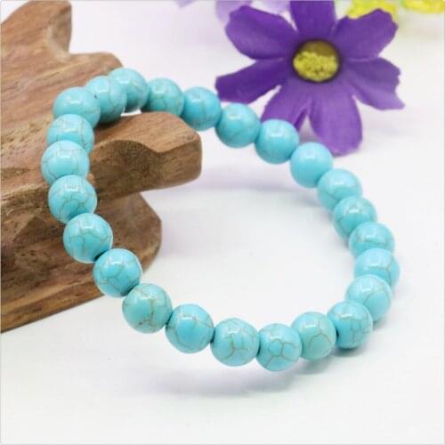 8mm Blue Round Turkey Turquoises Beaded Bracelet Women Men Girls Lace-up Elastic Jewelry Making Design Hand Ornaments Accessory