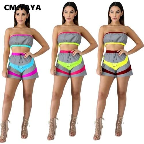 2019 women sexy bodycon tracksuit Summer Strapless+shorts two pieces Sets Sportswear reflective casual fashion Bandage A3097