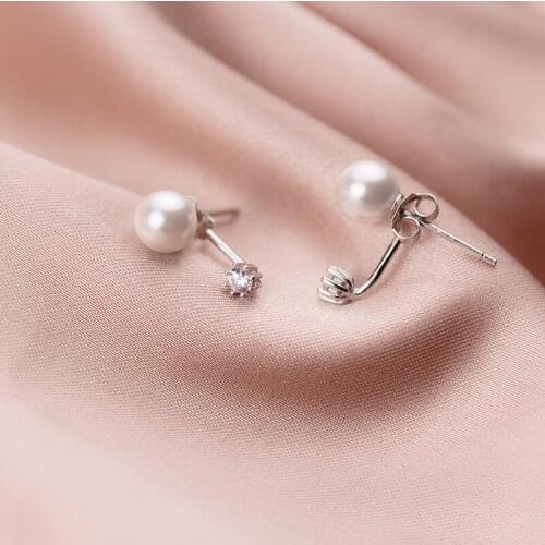 MloveAcc High Quality 925 Silver Simulated Pearl Stud Earrings with Clear CZ for Women Birthday Gift